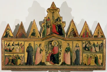 Polyptychon: Zentrales Panel zeigt die Madonna und das Kind auf dem Thron mit Engeln und Heiligen, umgeben von Panels mit Szenen aus dem Leben Christi, dreieckige Giebel zeigen Heilige, Engel und